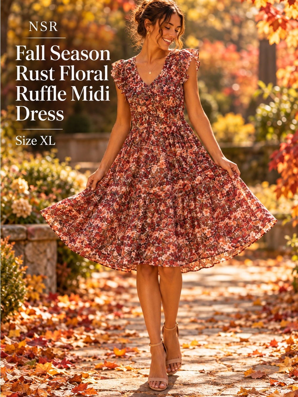 NSR Fall Season Rust Floral Ruffle Midi Dress - XL